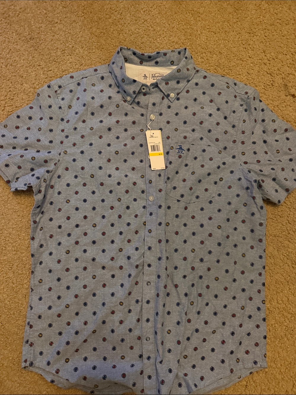 Original Penguin Light Blue Short-Sleeve Button-Up with Dot Print